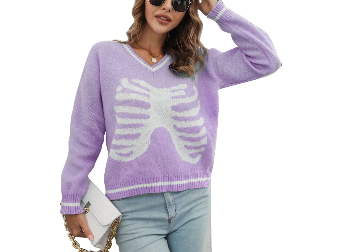 Suéter De Malha Com Decote V Caveira Halloween Feminino