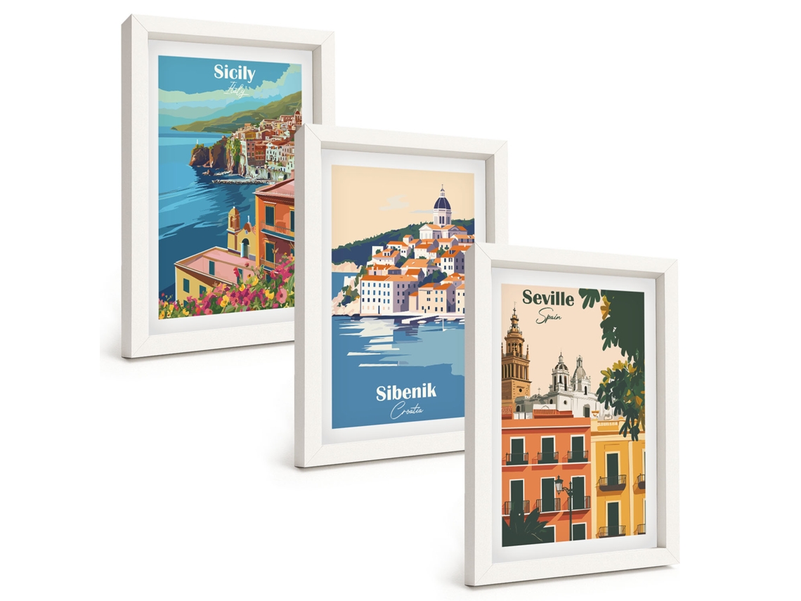 Composição De Quadros Paisagens Urbanas Com Prédios Moldura Branca Quadros Para A Sala De Estar Espelharte (3 Peças 20x30 Cm)