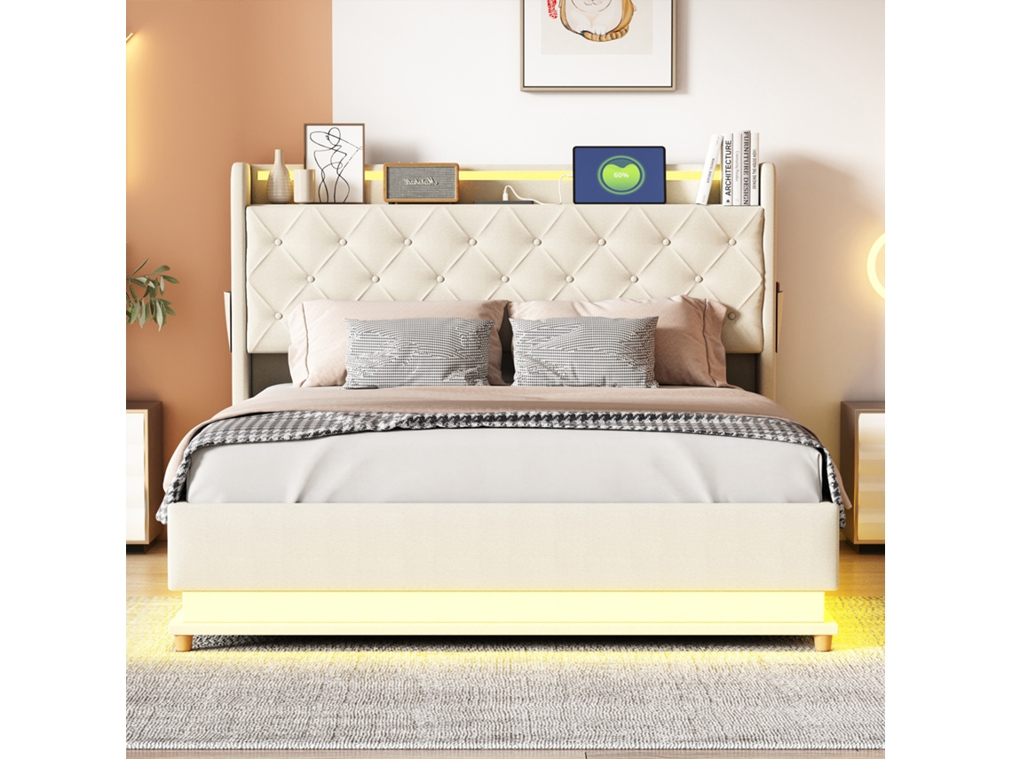 Cama Estofada Led 140x200cm Com Usb E Armazenamento Hidráulico, Linho, Bege.
