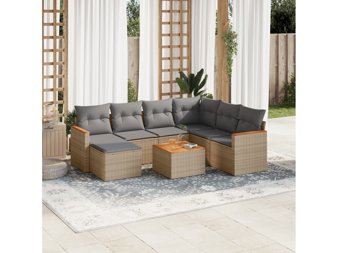 Vidaxl 8 Pcs Conjunto De Sofás P/ Jardim Com Almofadões Vime Pe Bege