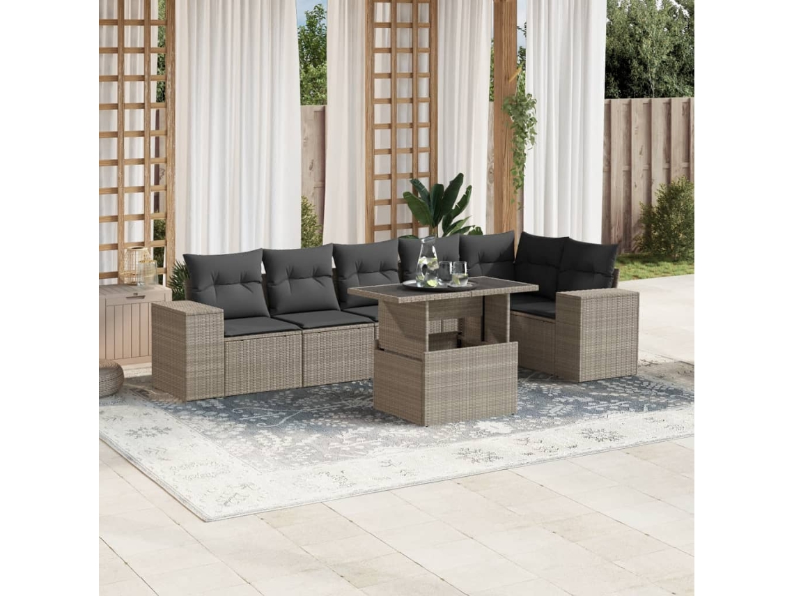 Vidaxl 7 Pcs Conj. Sofás Jardim Com Almofadões Vime Pe Cinzento-claro