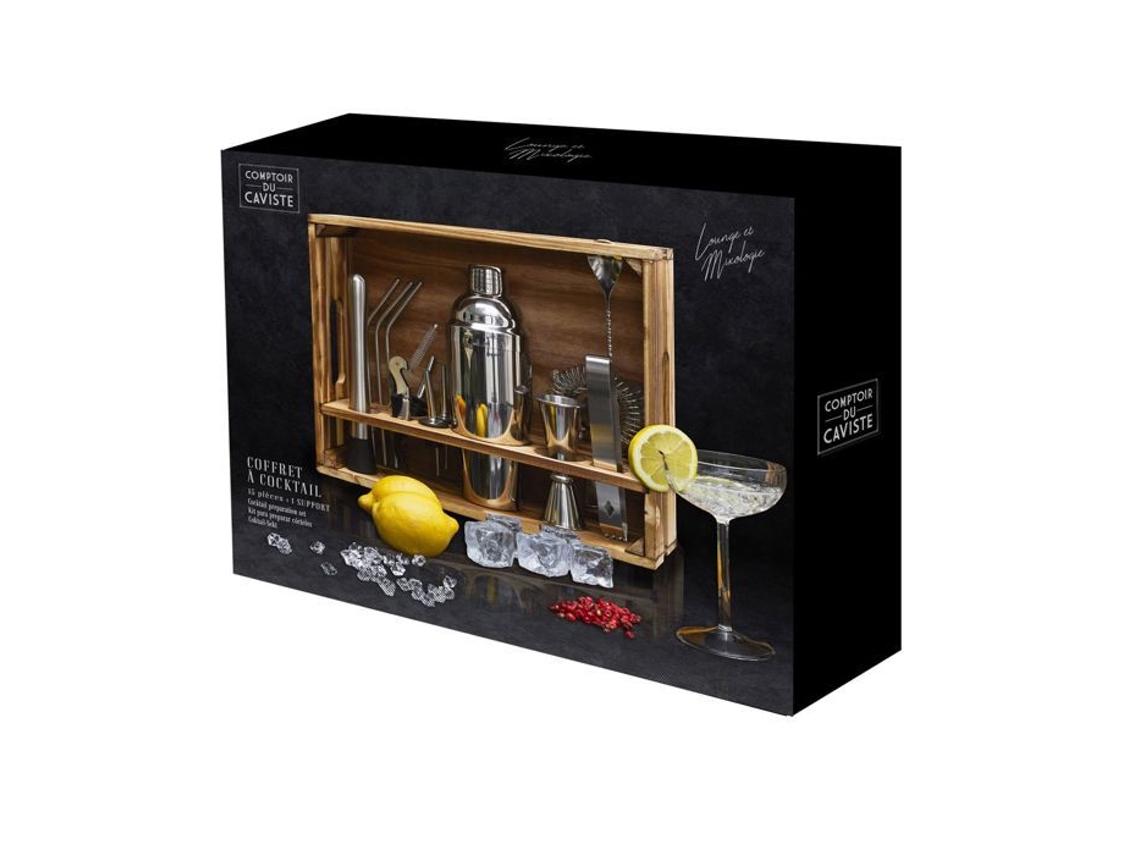 Toilinux Conjunto de Coquetel com 15 Acessórios em Aço Inox e Suporte em Madeira de Pinho