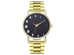 Relógio de pulso feminino de quartzo com pulseira de aço e estampa de eclipse.