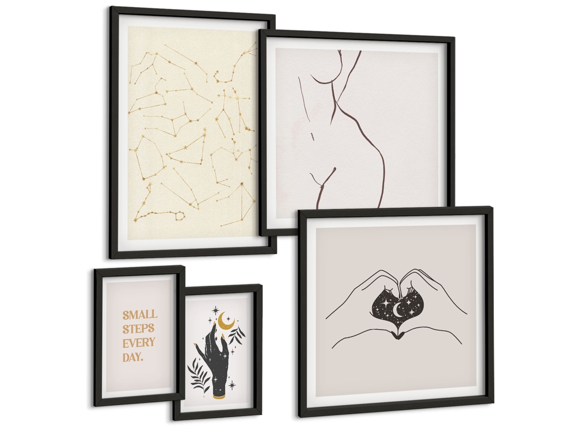 Um Conjunto De Imagens Decorativas Em Uma Moldura Formas Abstratas Boho Moldura Preta Quadros Para O Escritório Espelharte (conjunto De 5 Imagens)