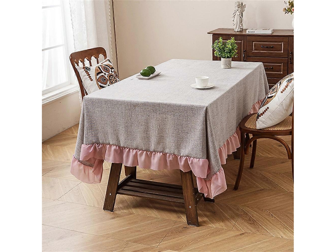 Toalha De Mesa Com Babado Cor Cinza E Rosa, Tecido Resistente, Ideal Para Sala De Jantar