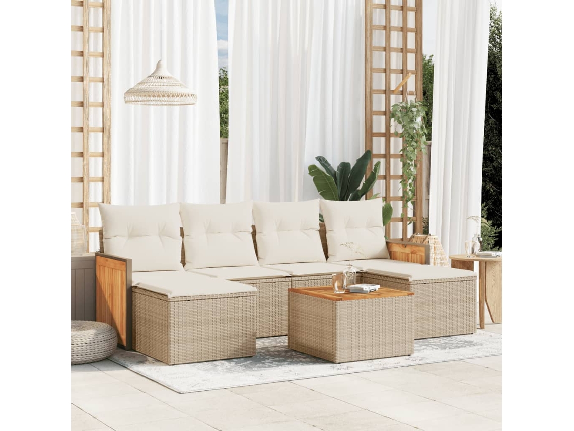Vidaxl 7 Pcs Conjunto De Sofás P/ Jardim Com Almofadões Vime Pe Bege