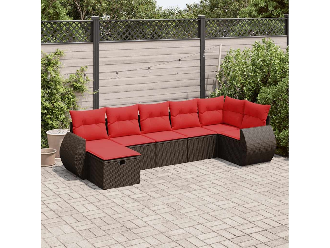 Vidaxl 7 Pcs Conjunto De Sofás Jardim C/ Almofadões Vime Pe Castanho
