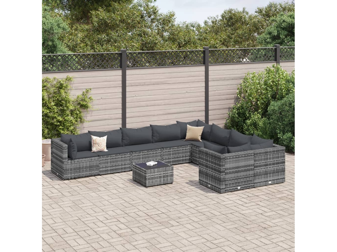 Vidaxl 10 Pcs Conjunto Sofás De Jardim C/ Almofadões Vime Pe Cinzento
