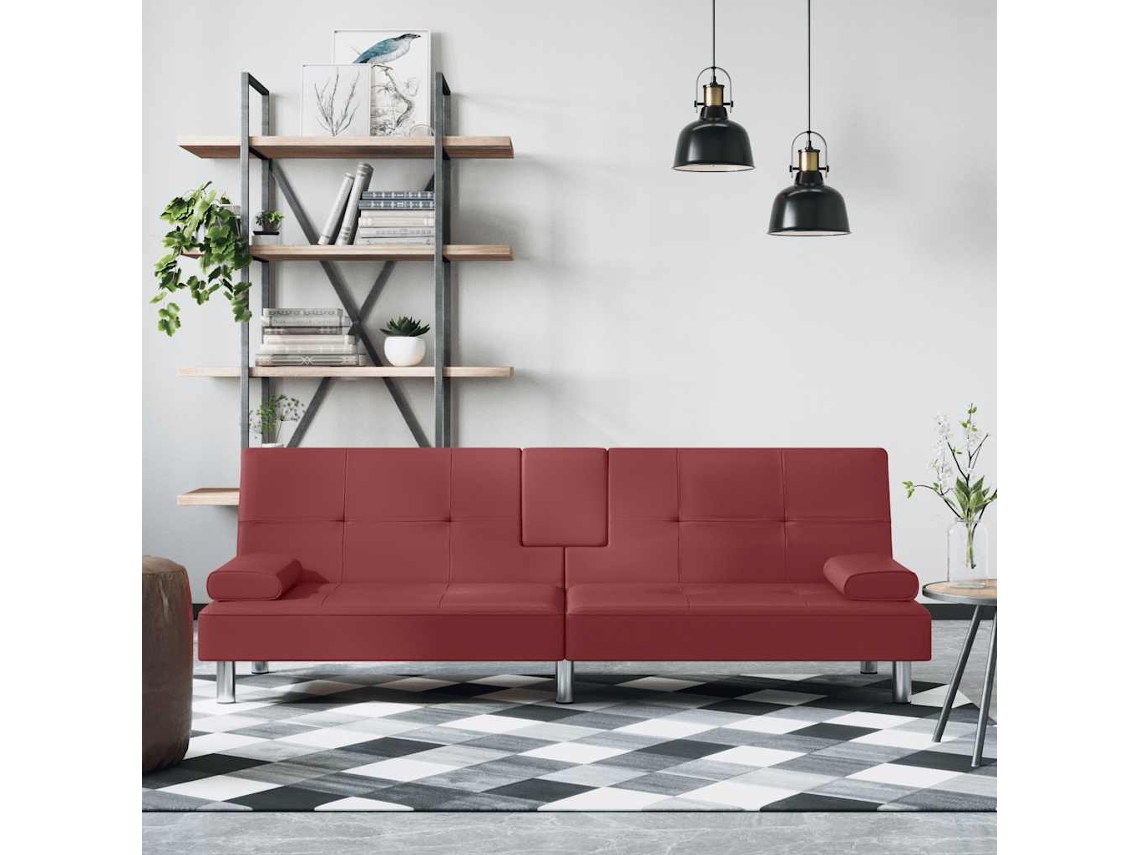 Vidaxl Sofá-cama Com Suporte P/ Copos Couro Artificial Vermelho Tinto