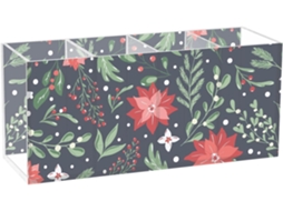 Organizador de lápis em acrílico Kll, com estampas de frutas vermelhas, visco e flores de Natal. Material ideal.