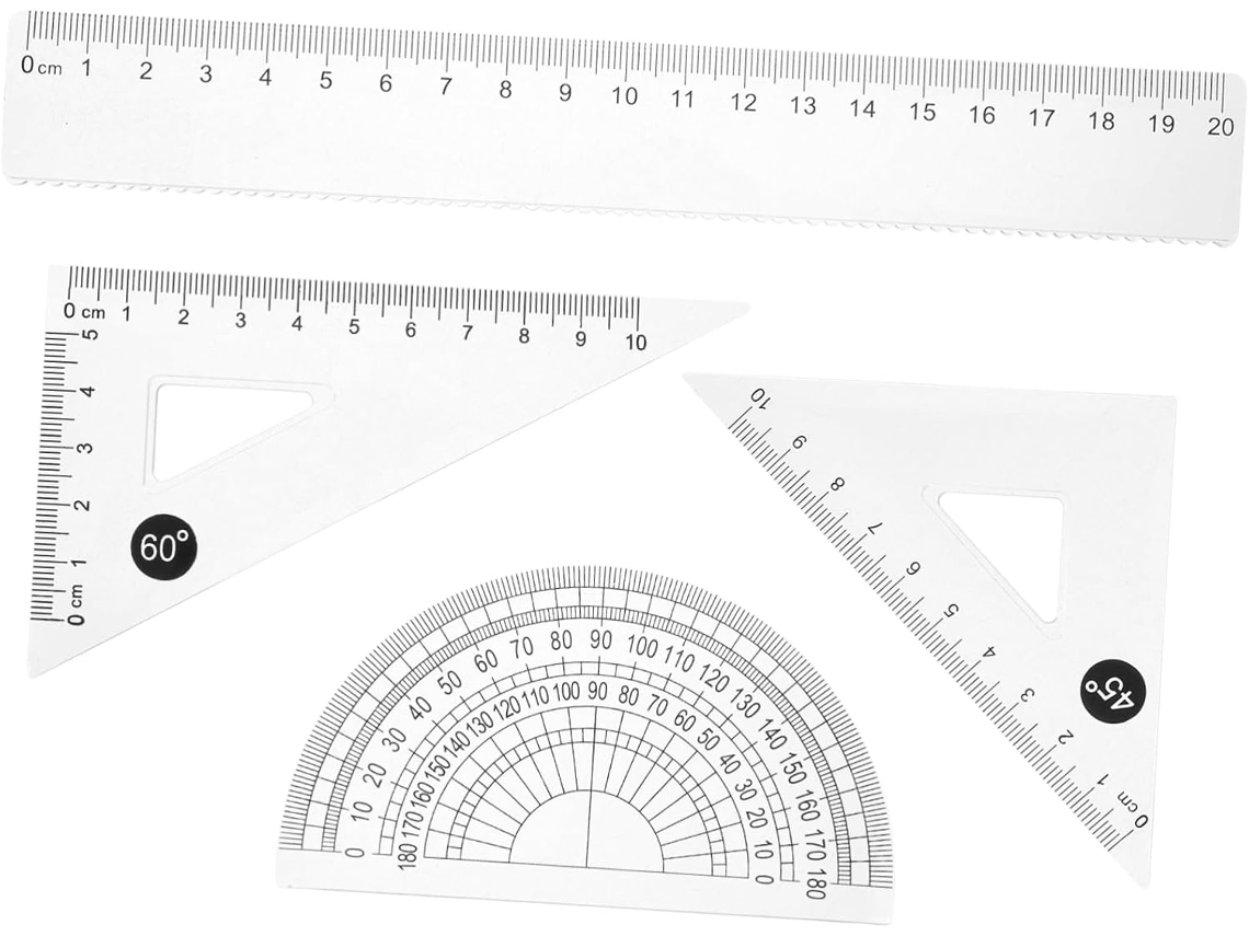 Conjunto com régua geométrica, régua de plástico, ferramentas de transferência e desenho para estudantes e profissionais.