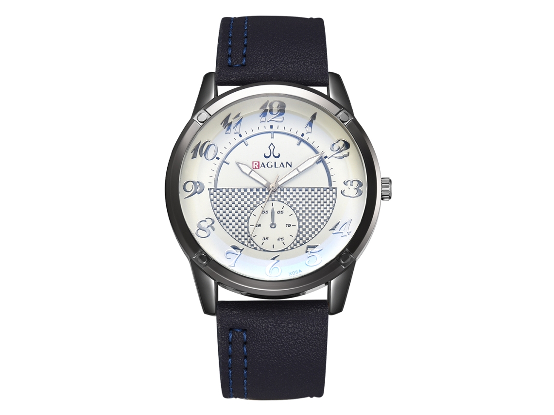 Relógio de quartzo unissex com pulseira de couro PU e mostrador redondo azul clássico e elegante.