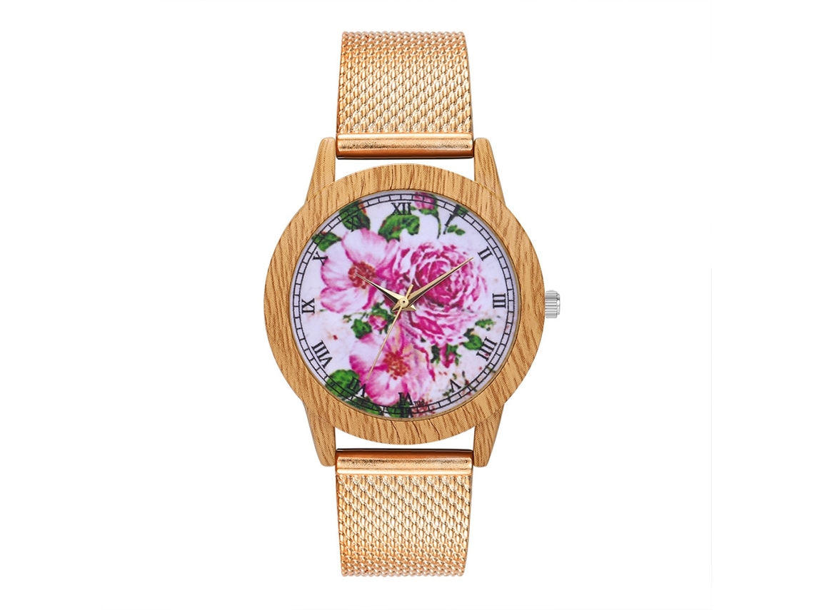 Relógio de pulso de quartzo com pulseira de malha e detalhe floral, mostrador redondo, cor ouro rosa.