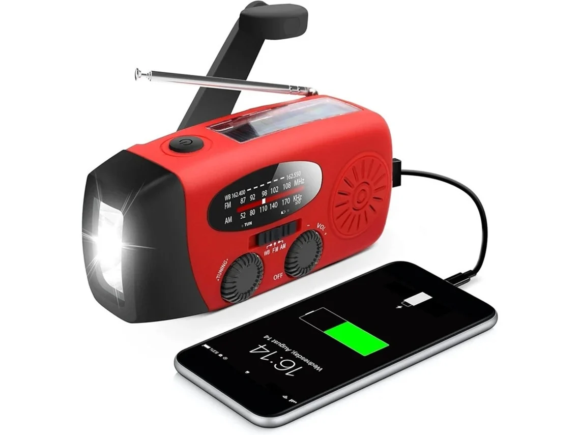 Rádio AM/FM de emergência BESTVITE com energia solar, manivela e lanterna LED (vermelho)