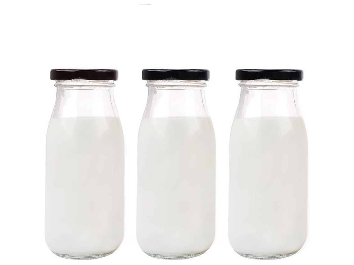 3 Unidades De Garrafas De Vidro 250ml Com Tampas Negras Bonitas Para Leite Iogurte Decoração