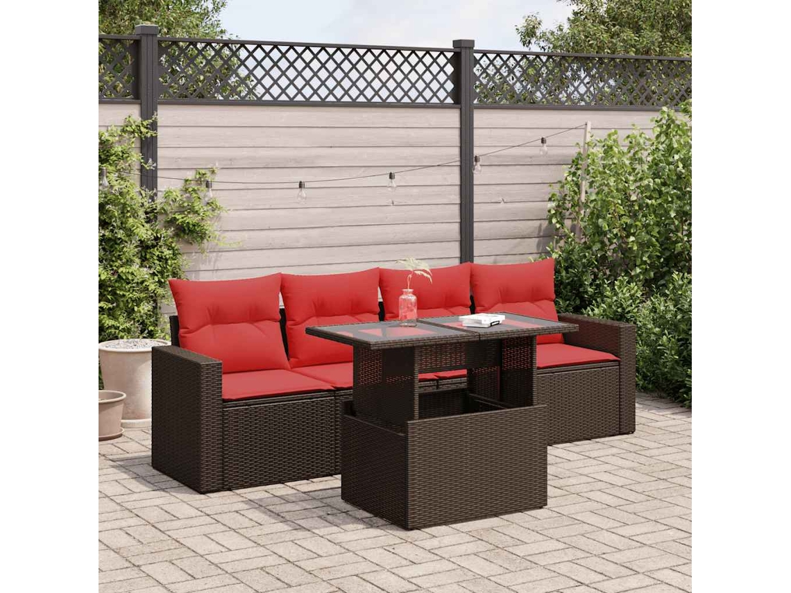 Vidaxl 5 Pcs Conj. Sofás Jardim C/ Almofadões Vime Pe/acácia Castanho