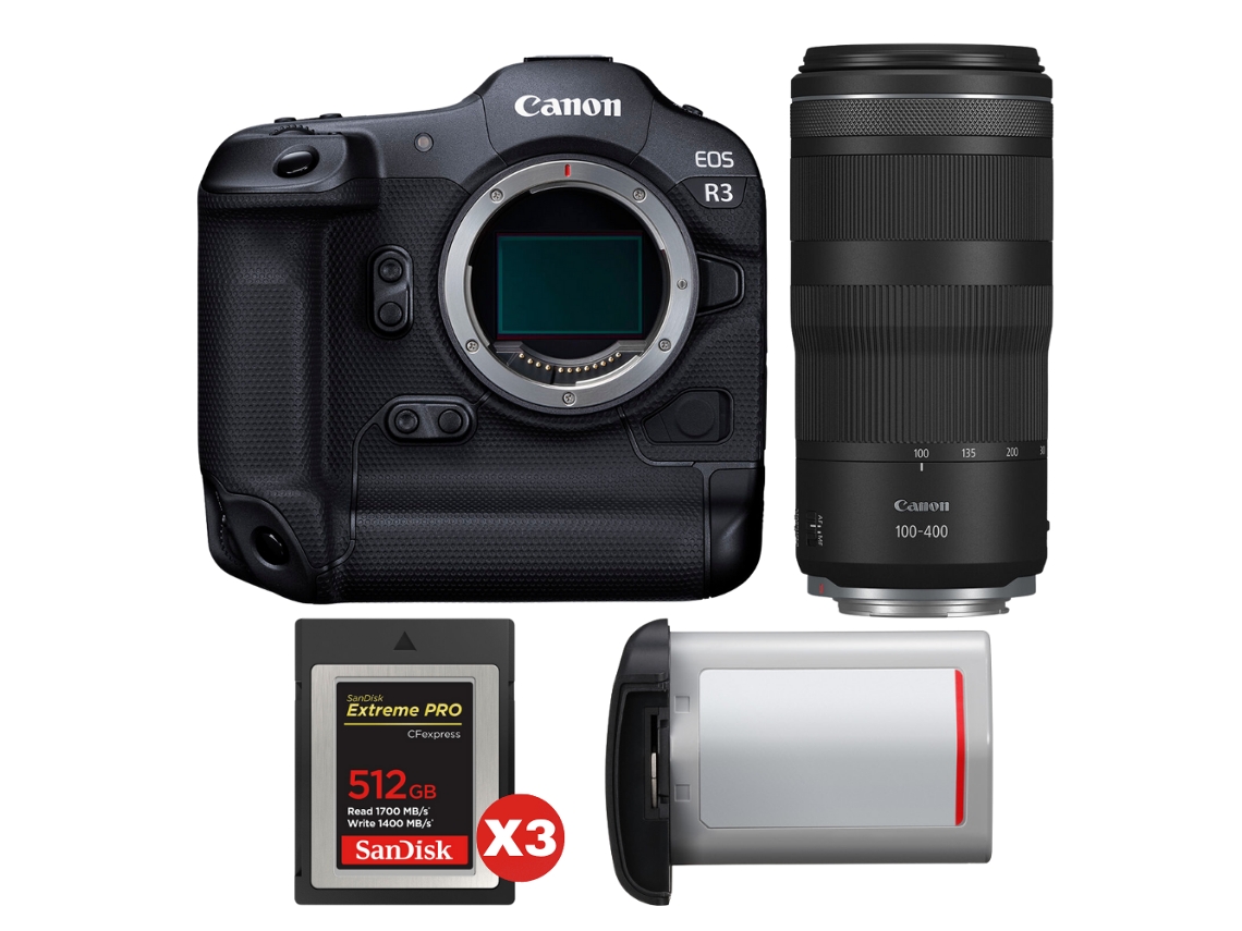 Eos R3 + Rf 100 400mm F/5.6 8 Is Usm + 3 Sandisk 512gb Extreme Pro Cfexpress Type B + Canon Lp e19 + Ebook Pricedirect CANON