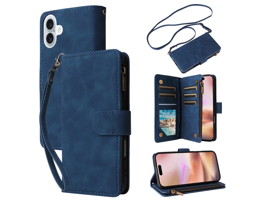 Capa Em Couro Pu, Com Suporte E Pega Para Apple Iphone 16 Plus - Azul