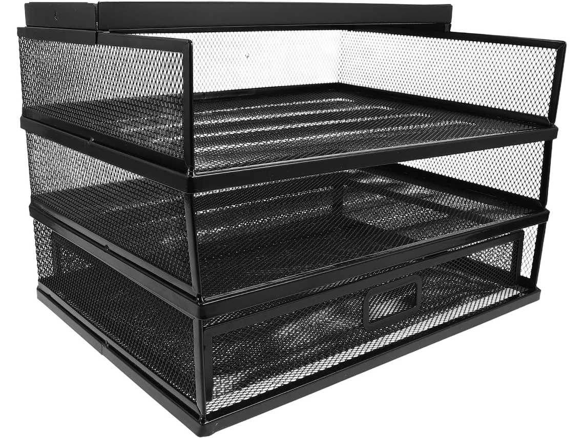 Organizador de Mesa Stobaza em Metal Preto, com 3 Níveis, Gaveta e Cesto Armazenamento. Suporte Multifuncional