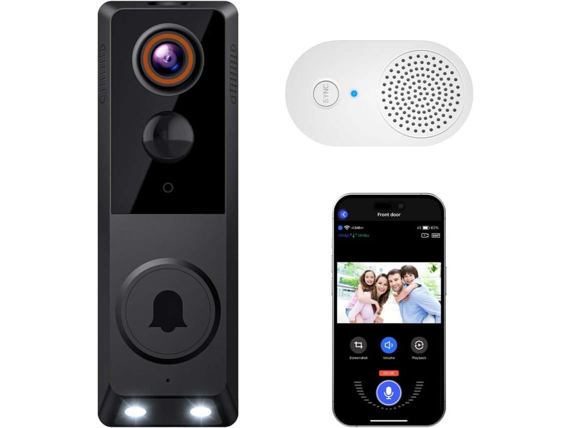 Campainha de vídeo sem fio, 1080p, IA, detecção humana, visão noturna, áudio bidirecional, bateria, 2.4GHz, nuvem, sem marca