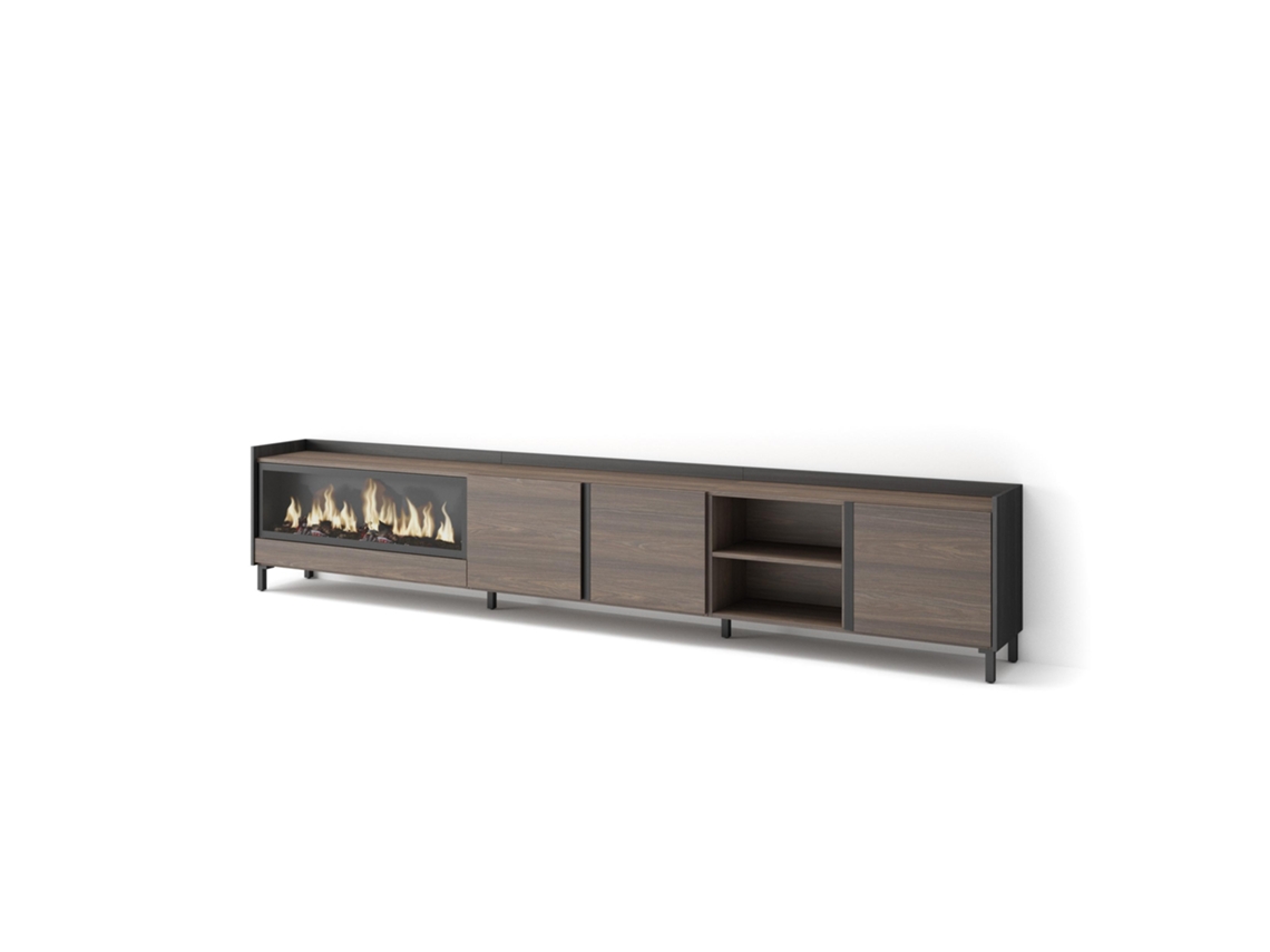 Móvel De Tv, 315x35x61cm, Para Televisores Até 80'', Lareira Eléctrica Xxl, Design Industrial, Carvalho Escuro E Preto