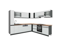 Cozinha de canto R-Line, 257 x 277 cm formato J, PT Carvalho, branco/antracite, Vicco