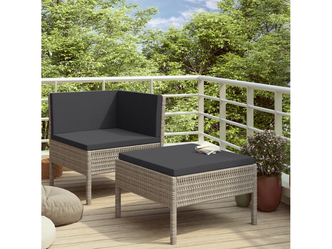 Conjunto 2 Peças Lounge De Jardim C/ Almofadões Vime Pe Cinzento Dkd Home Decor