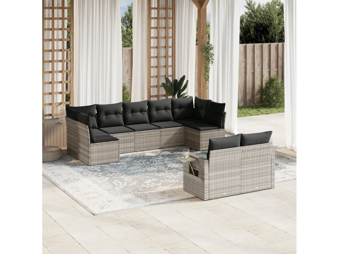 Vidaxl 9 Pcs Conj. Sofás Jardim com Almofadões Vime Pe Cinzento claro