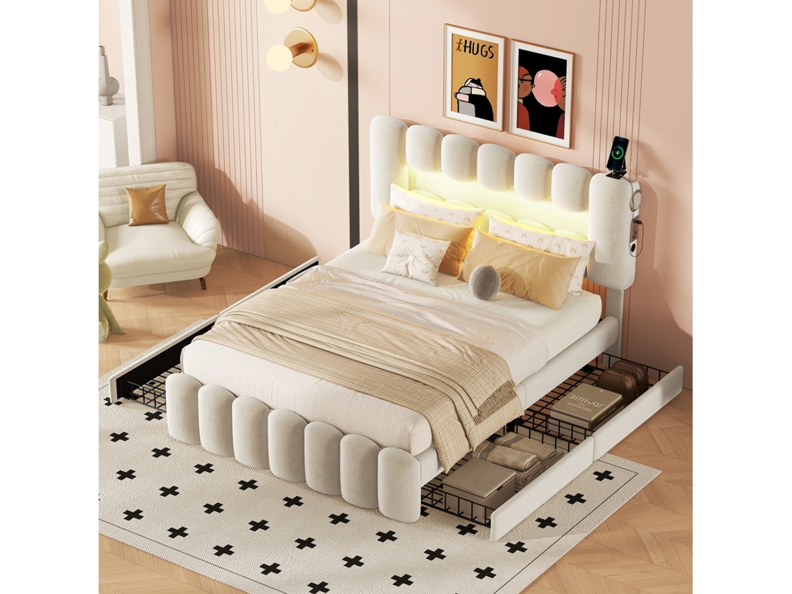Cama acolchoada 140x200cm, baú com 4 gavetas, LED, alto-falantes embutidos, USB, veludo, confortável, bege, KOMHTOM