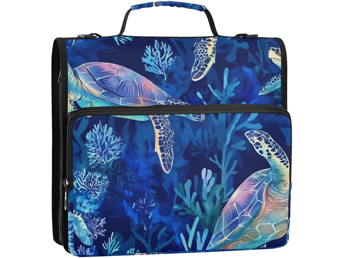 Organizador Estético Azul com Estampa de Peixe Inverno, 3,8 Cm, 3 Argolas, Zíper e Alça Ombro Documentos Imp