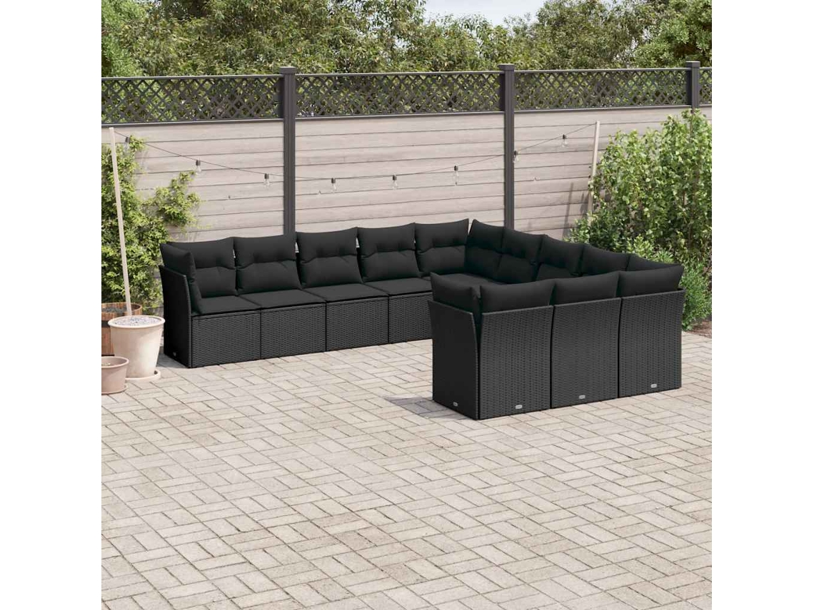 Vidaxl 11 Pcs Conjunto Sofás de Jardim C/ Almofadões Vime Pe Preto