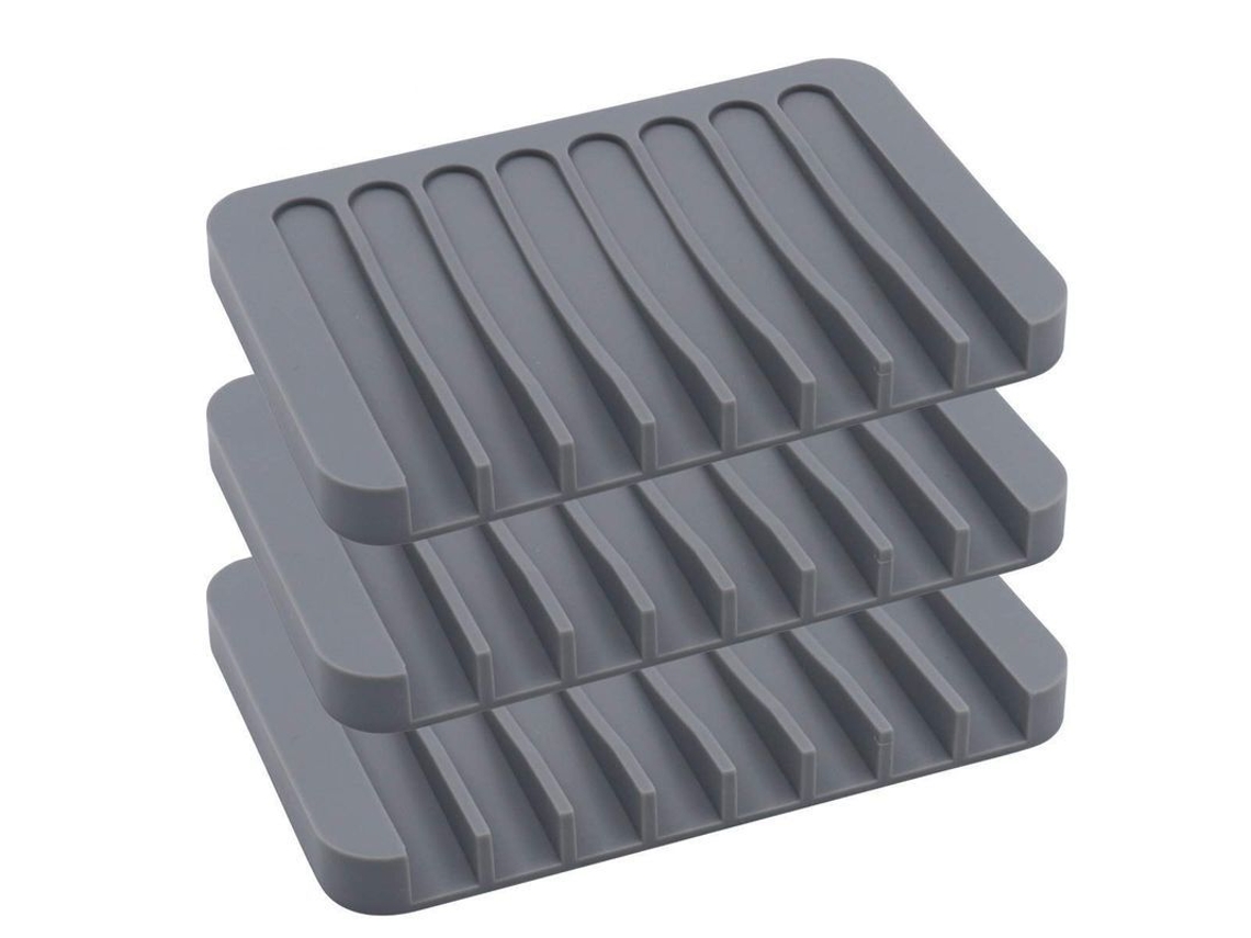 Conjunto de 3 Portajabones de Silicone com Drenagem Automática, Cinza, para Banho e Cozinha