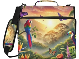 Pasta Fichário Com 3 Argolas, Estampa De Pássaros Tropicais, Na Cor Verde, Com Compartimento Laptop E Tecido