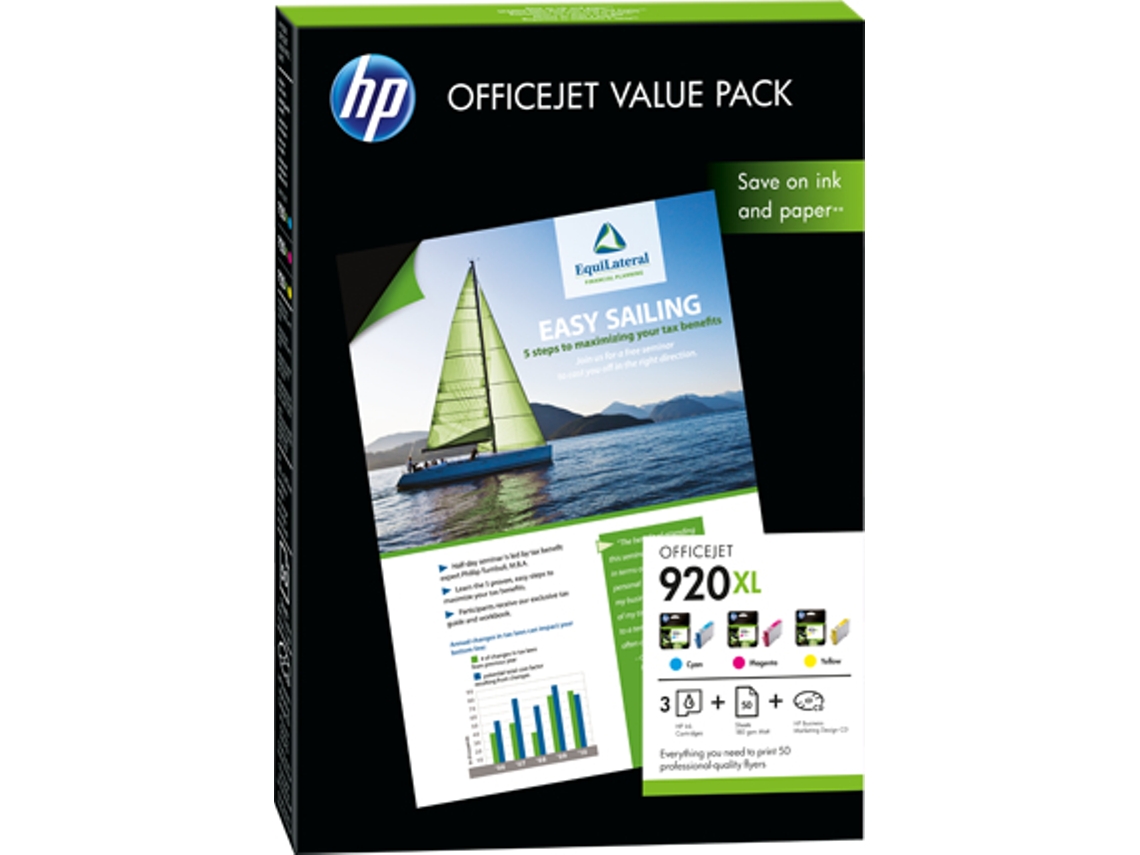 Pack Combo Tinteiro HP 920XL Cores + Papel 50 Folhas (CH081AE)