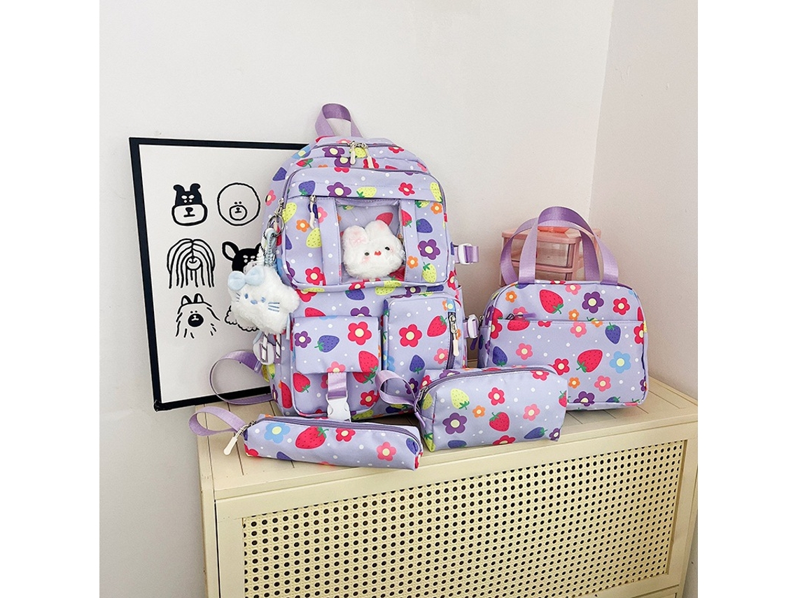 Conjunto De Quatro Peças Floral, Mochila, Saco De Refeição E Bolsa De Armazenamento Para Proteger A Coluna E Aliviar O Estresse Roxo