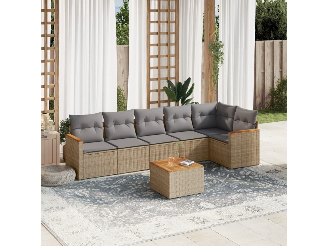 Vidaxl 7 Pcs Conj. Sofás Jardim C/ Almofadões Vime Pe Bege Misturado