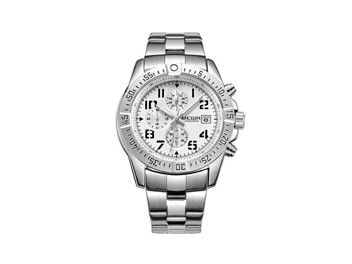 Relógio masculino Megir Fashion multifuncional em metal, à prova d'água, com pulseira ajustável, branco.
