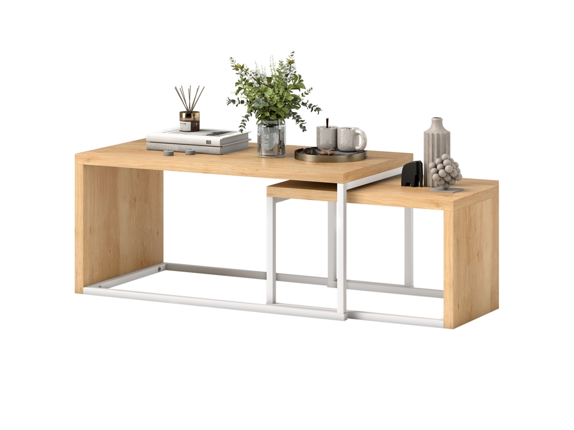 Conjunto De 2 Mesas De Centro Com Pés De Metal Estilo Industrial 90x48x42 Cm E 59x42x36 Branco E Madeira