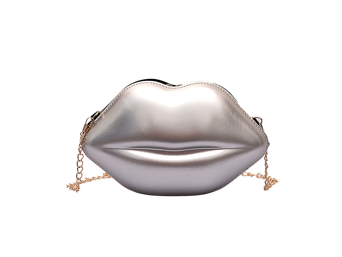 Bolsa Transversal de Lábios Pu Fashion com Zíper Elegante Cinto de Ombro de Corrente Métalica