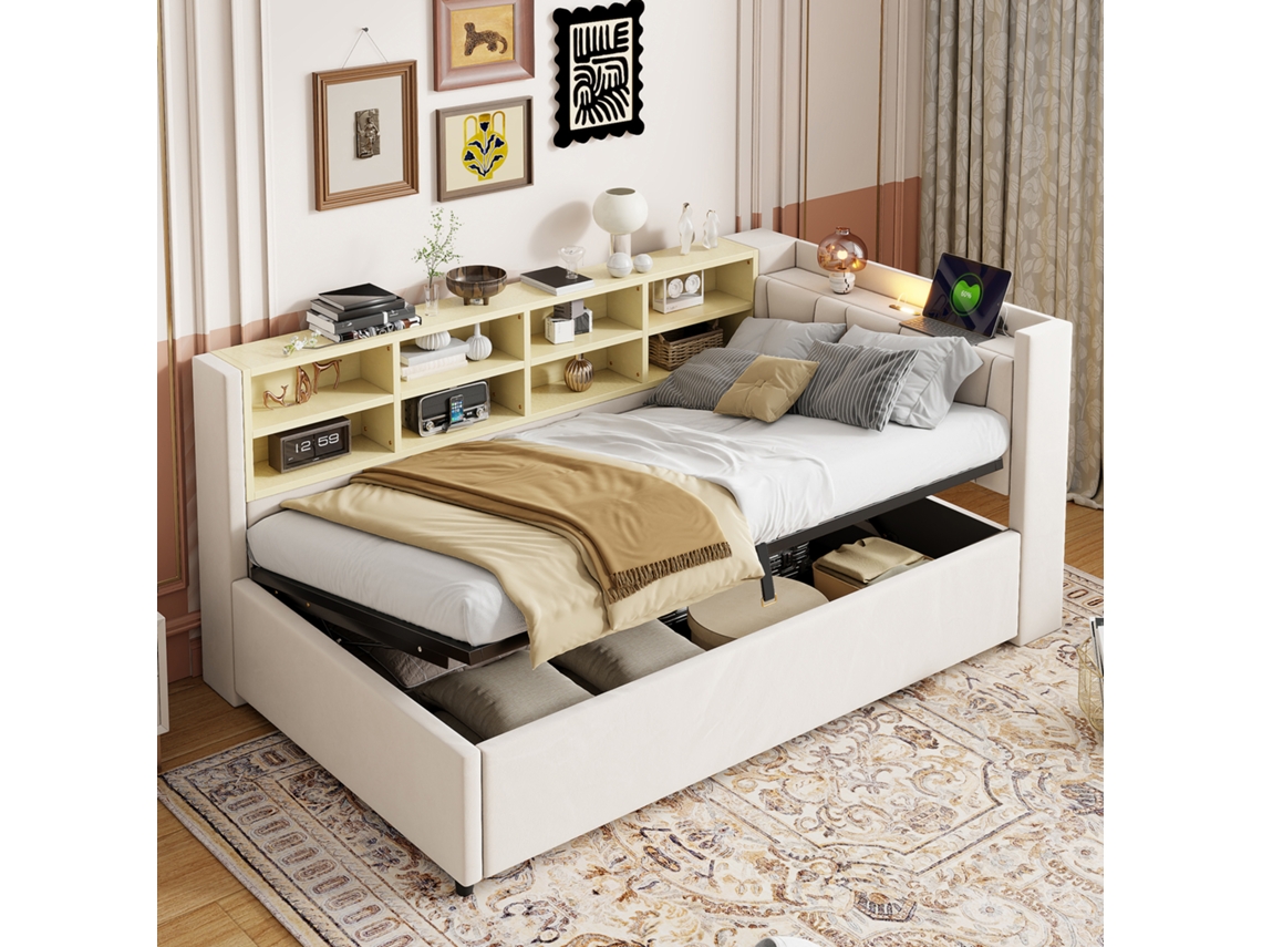 Sofá Cama 90x200cm Bege Com Armazenamento Luz Noturna Usb Tipo-c