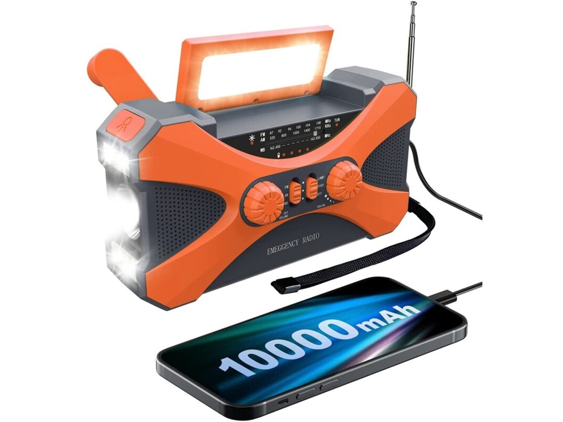 Rádio de Emergência AQUAFORGE 10000mAh com Manivela, Energia Solar, Carregador de Celular e Lanterna LED