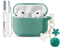 Capa de Silicone para Airpods Pro 4 com Chaveiro Brilhante e Kit de Limpeza Verde Escuro PANOONA