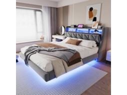 Cama Casal 180x200cm, Cabeceira Reclinável Com Tomada E Prateleira, Luz Led, Pés Largos, Design Flutuante Em Veludo Cinza.