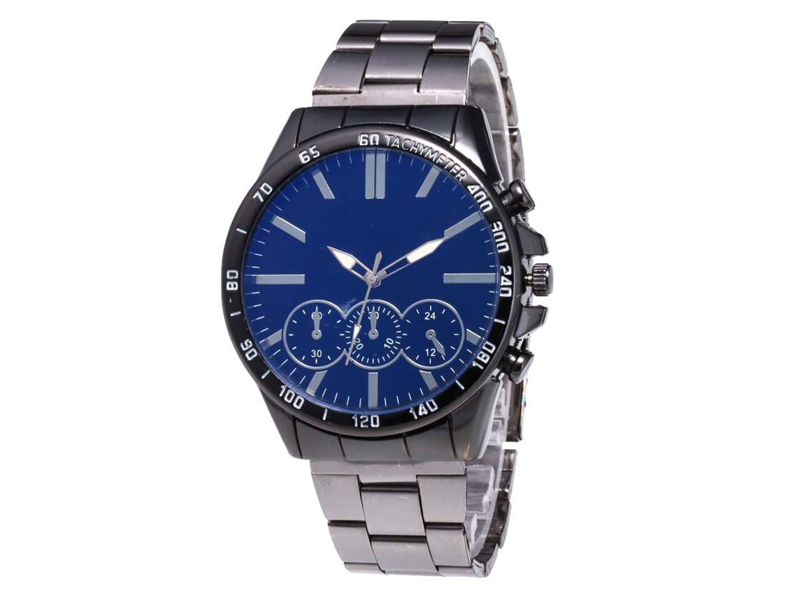 Relógio de quartzo com pulseira de aço, mostrador redondo, estilo casal (preto e azul)