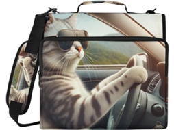 Organizador divertido com estampa de gato dirigindo um carro, com zíper para datar, ideal para escola e escola.