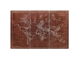 Mapa Mundi Vintage Tríptico Tela 120x60cm Moldura Madeira Marrom