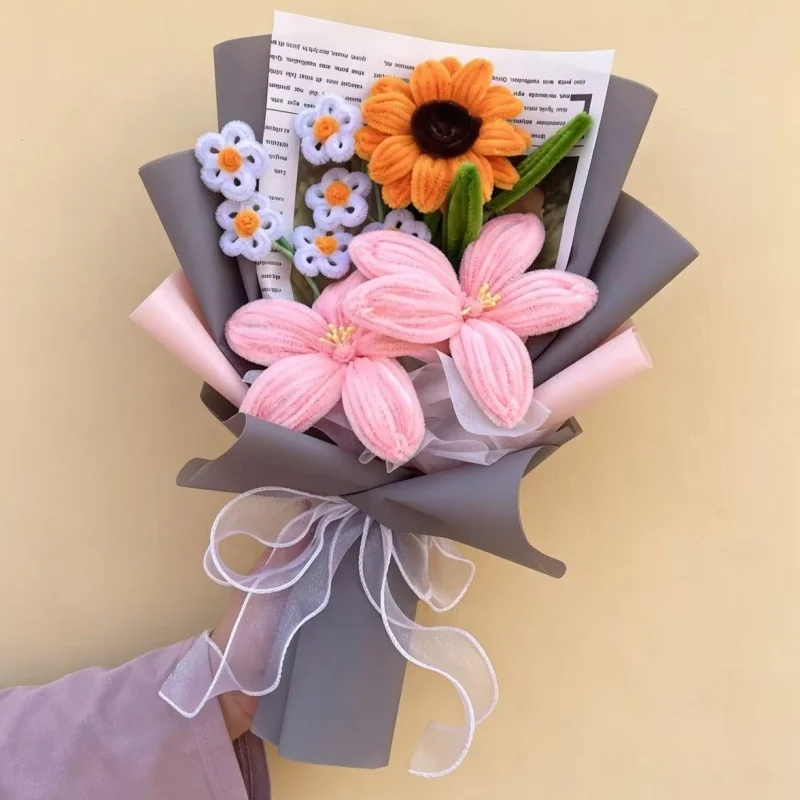 (cinza) Flor Artificial Tricotada À Mão Com Fio De Crochê - Buquê Criativo Feito À Mão