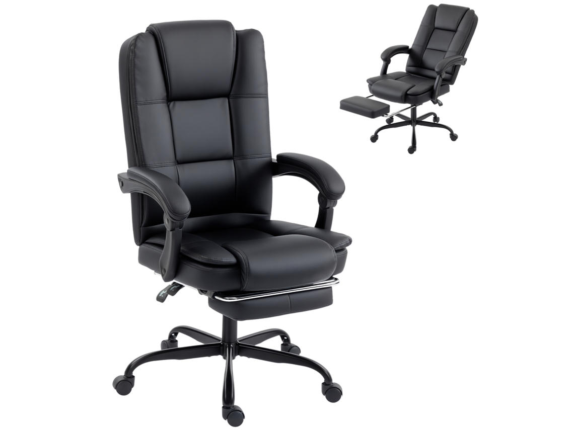 Cadeira De Escritório Ergonómica Preta Em Pele Pu Reclinável, Altura Regulável E Apoio Para Pés Retráctil