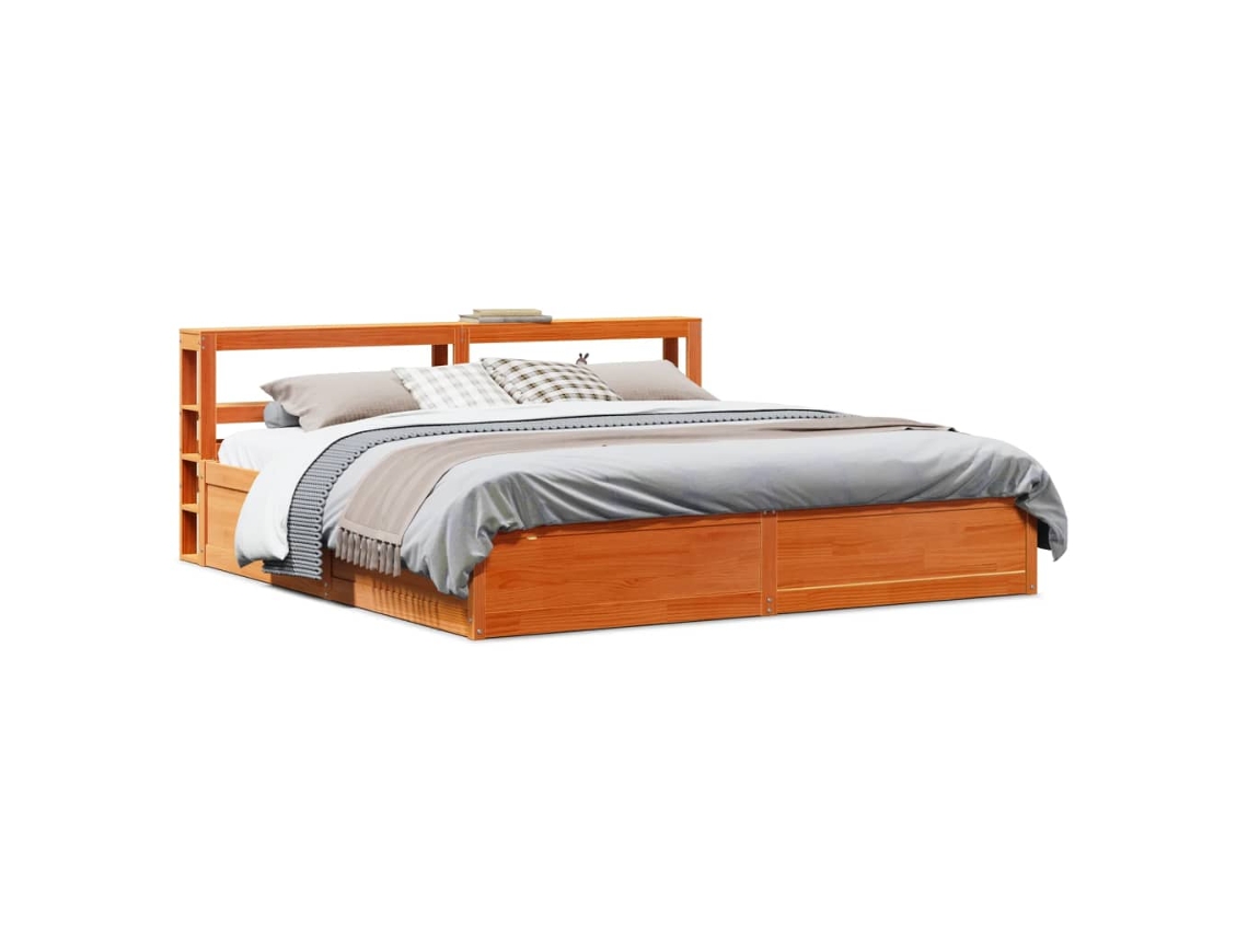 Estrutura Cama C/ Cabeceira 200x200cm Pinho Maciço Castanho-mel