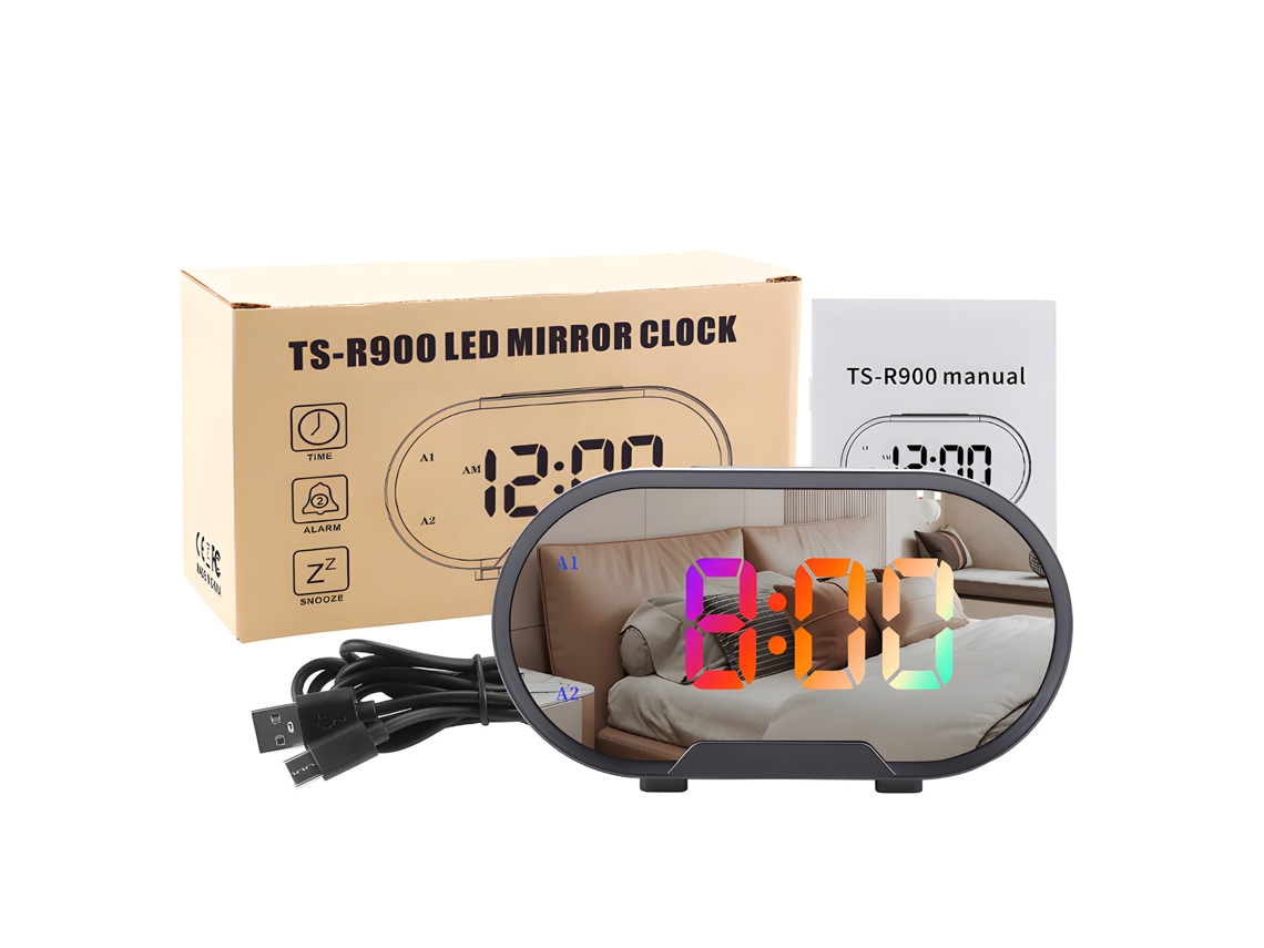 Despertador digital LED RGB Baok-reloj com tela grande de 5,5 polegadas, espelhamento, modo dimmer, volume ajustável, 2 portas USB e função soneca para quarto.
